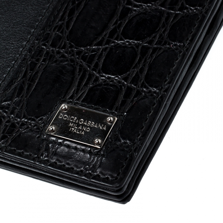 Pre Owned Dolce & Gabbana Black Leather and Croc Bifold Wallet