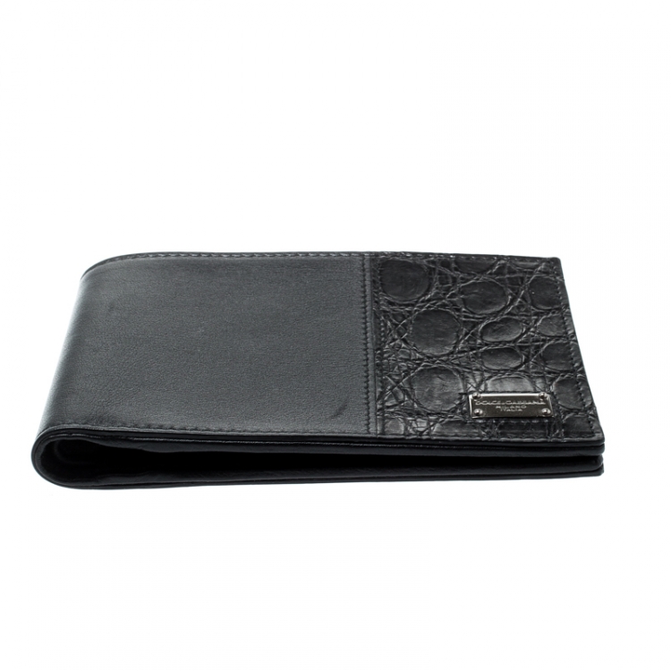 Pre Owned Dolce & Gabbana Black Leather and Croc Bifold Wallet