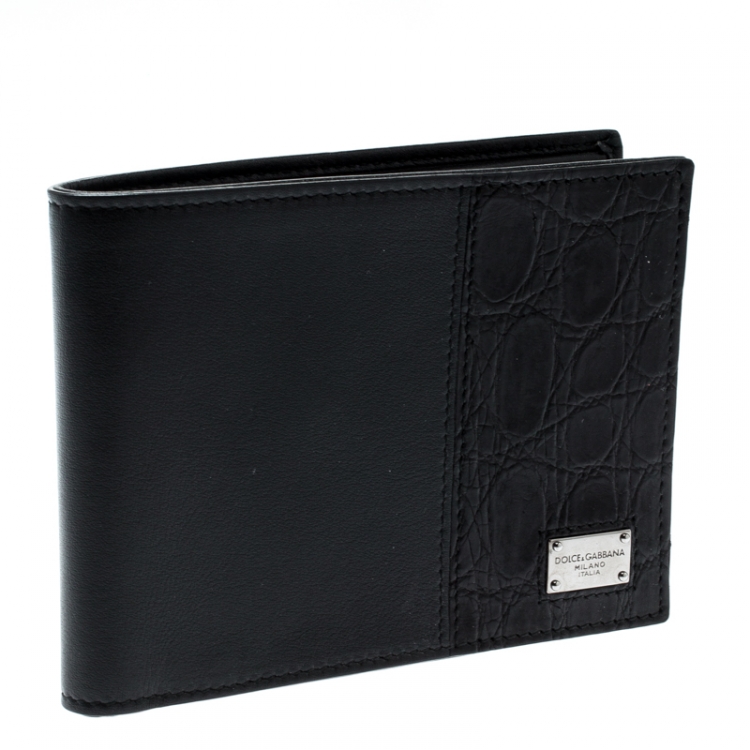 Pre Owned Dolce & Gabbana Black Leather and Croc Bifold Wallet