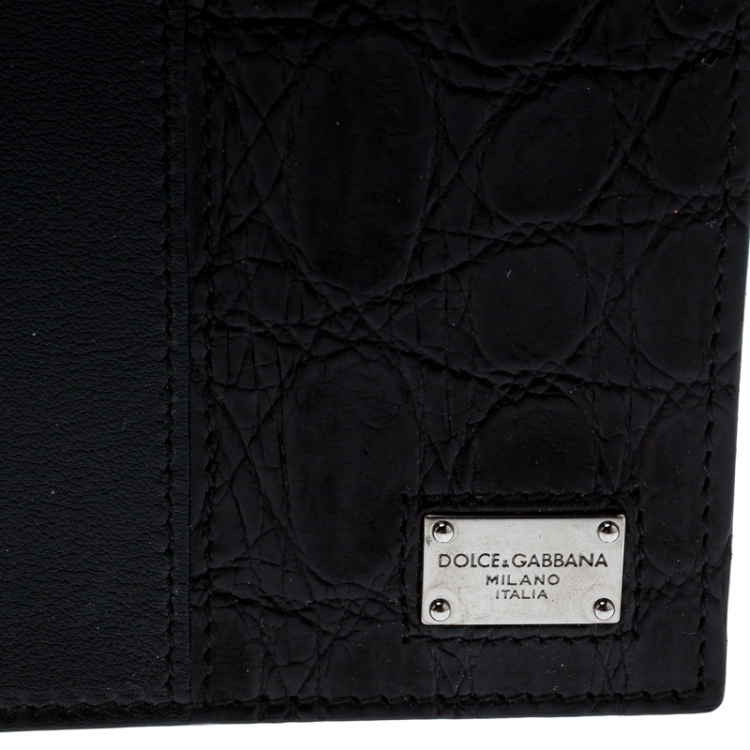 Pre Owned Dolce & Gabbana Black Leather and Croc Bifold Wallet