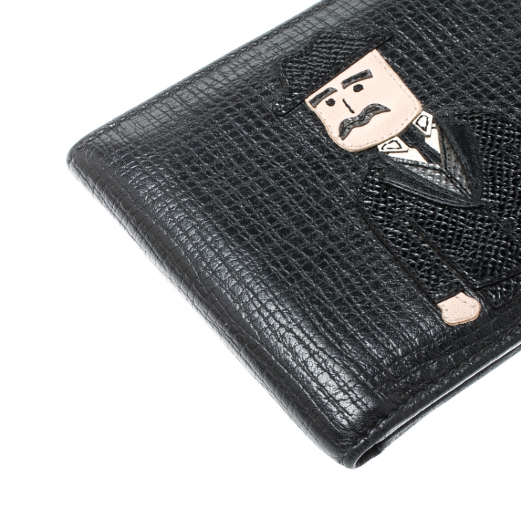 Pre Owned Dolce & Gabbana Black Man Patch Leather Bifold Wallet 