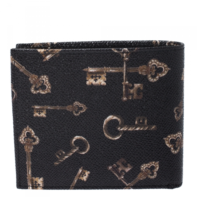 Pre Owned Dolce & Gabbana Black Key Print Leather Bifold Wallet