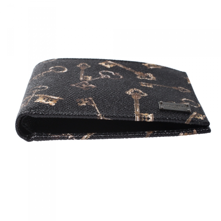 Pre Owned Dolce & Gabbana Black Key Print Leather Bifold Wallet