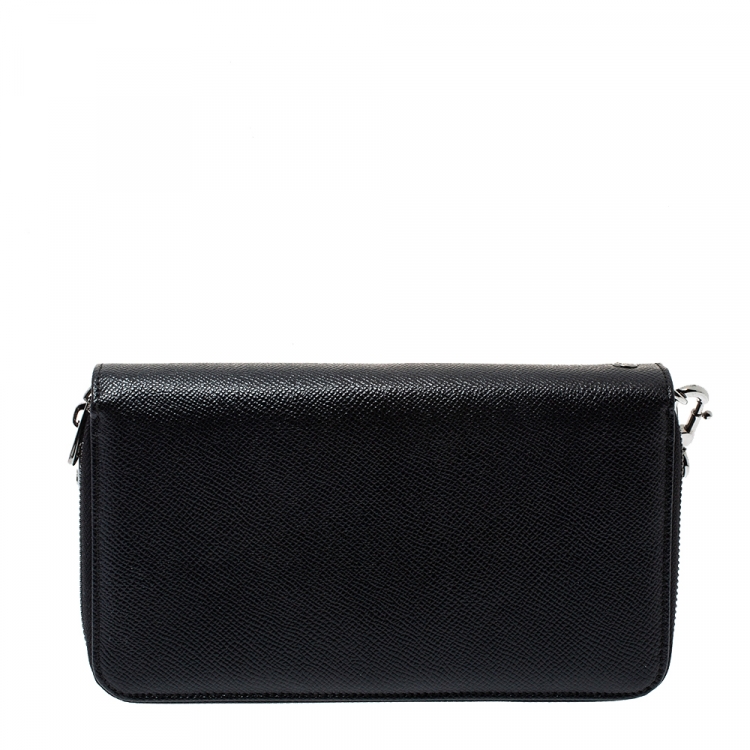 Pre Owned Dolce & Gabbana Black Saffiano Leather Double Zip Wrist Clutch