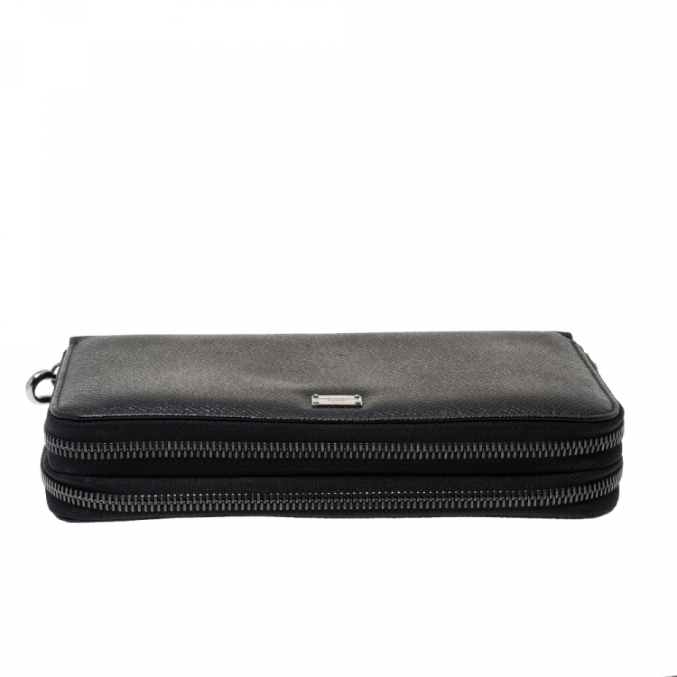 Pre Owned Dolce & Gabbana Black Saffiano Leather Double Zip Wrist Clutch
