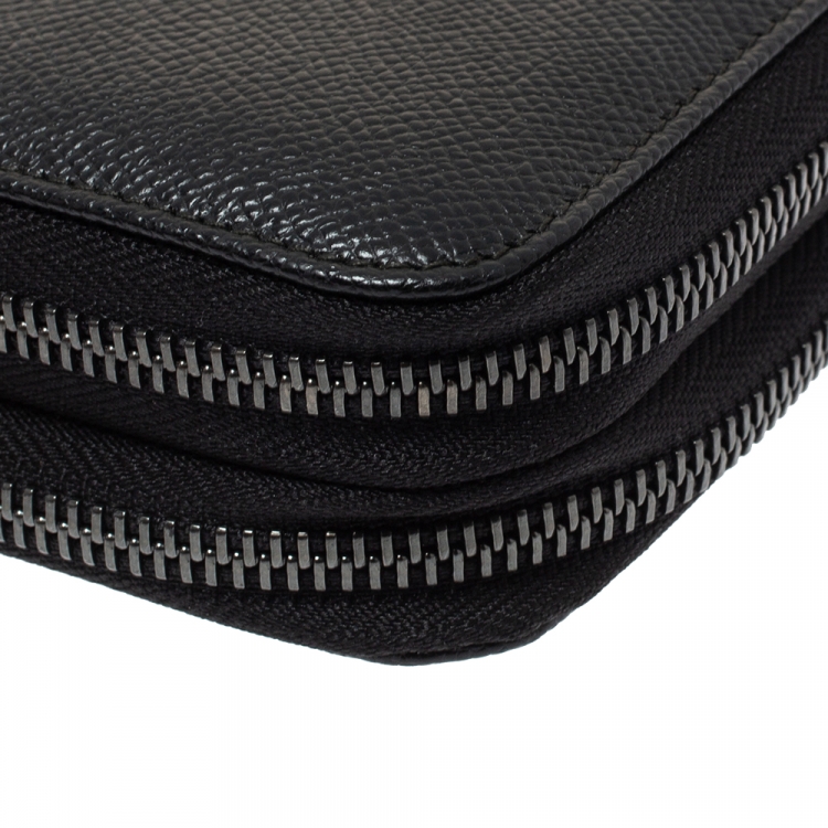 Pre Owned Dolce & Gabbana Black Saffiano Leather Double Zip Wrist Clutch