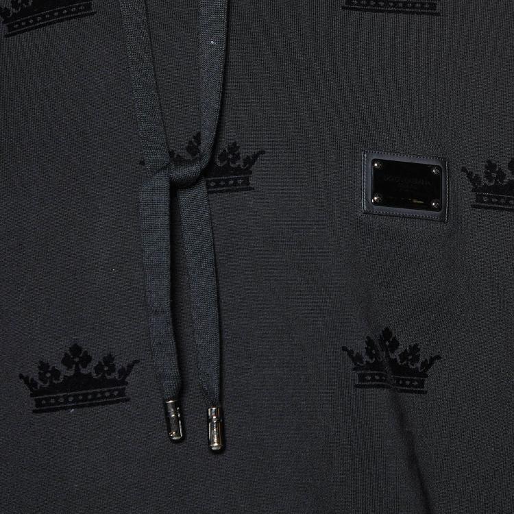 Pre Owned Dolce & Gabbana Black Crown Flock Print Cotton Hooded Sweatshirt L
