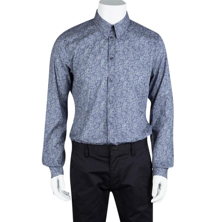 Pre Owned Dolce and Gabbana Gold Blue Floral Printed Cotton Long Sleeve Shirt XL 