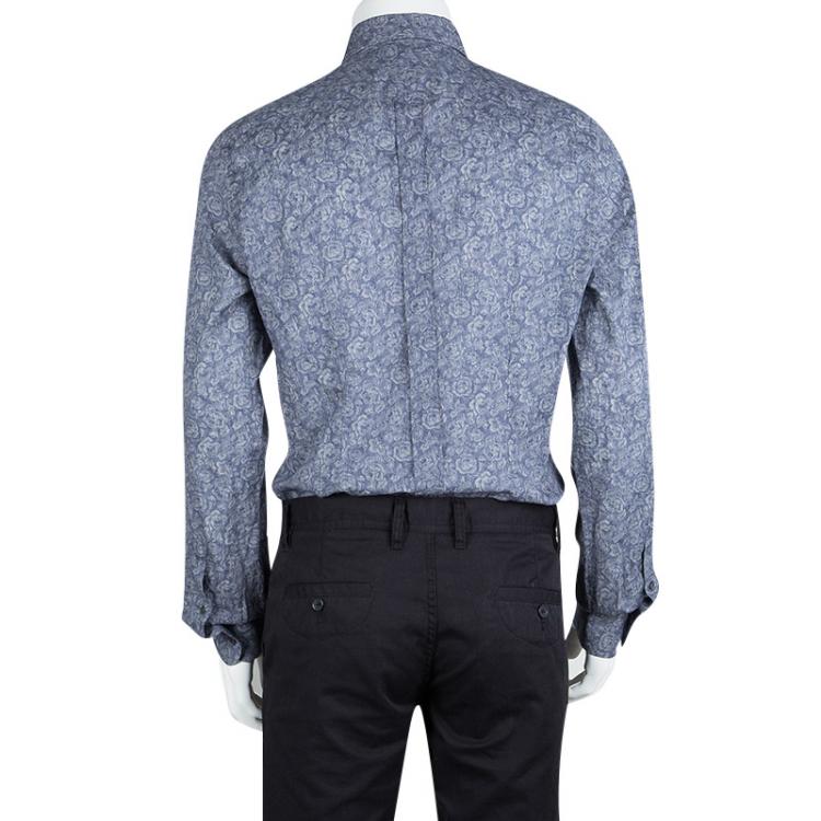 Pre Owned Dolce and Gabbana Gold Blue Floral Printed Cotton Long Sleeve Shirt XL 
