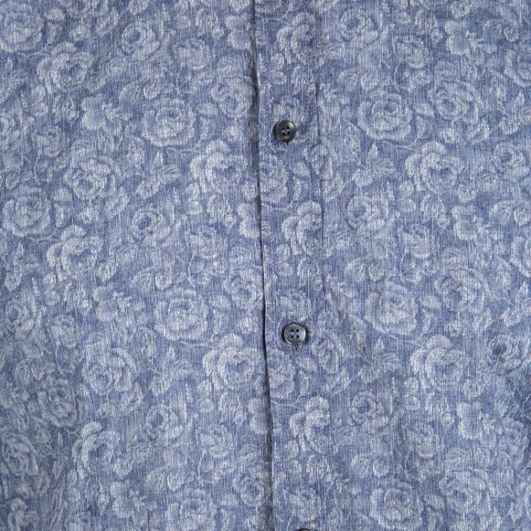 Pre Owned Dolce and Gabbana Gold Blue Floral Printed Cotton Long Sleeve Shirt XL 
