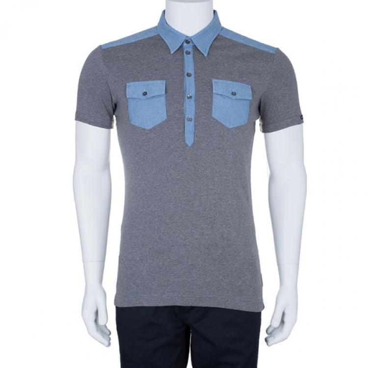 Pre Owned Dolce and Gabbana Men’s Grey Light Denim Contrast Collar Polo Shirt XL