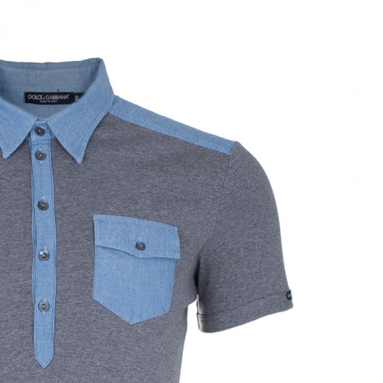 Pre Owned Dolce and Gabbana Men’s Grey Light Denim Contrast Collar Polo Shirt XL