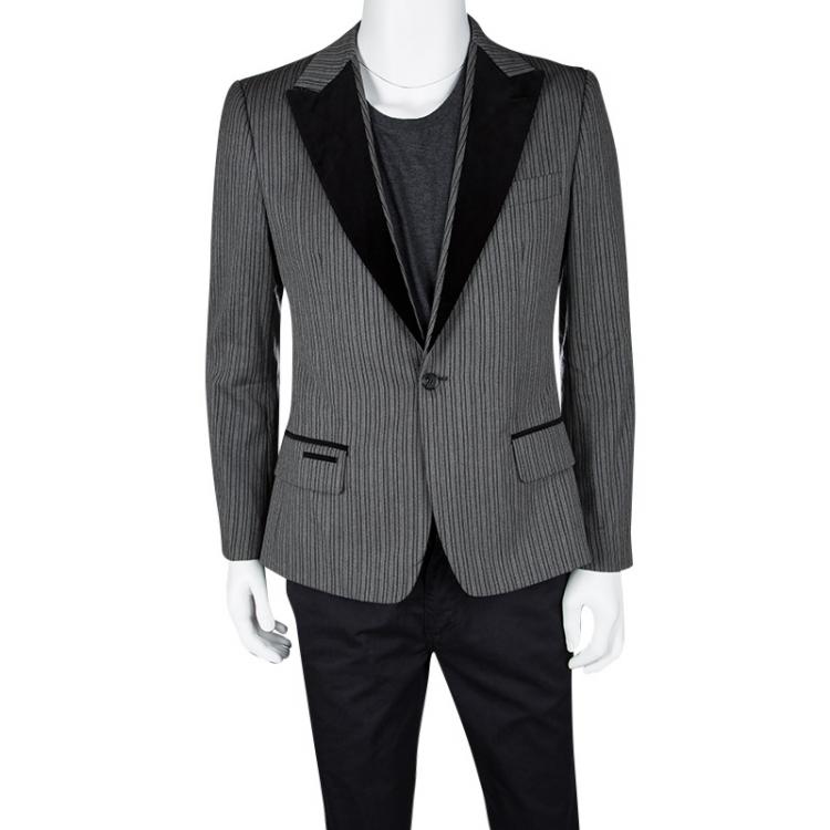 مملوكة مسبقًا Dolce and Gabbana Grey Striped Wool Contrast Lapel Detail Blazer M