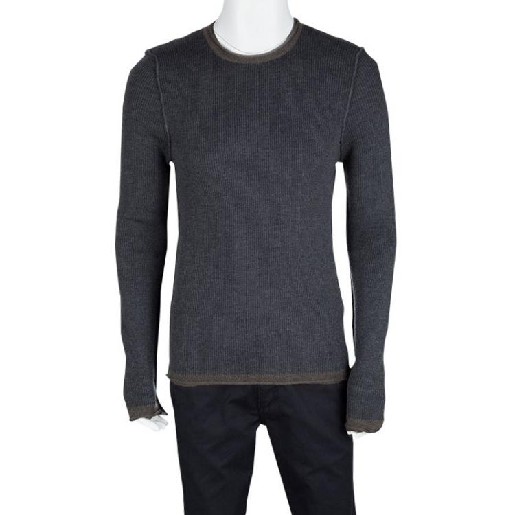 Pre Owned Dolce and Gabbana Grey Wool Contrast Trim Detail Ribbed Knit Sweater L