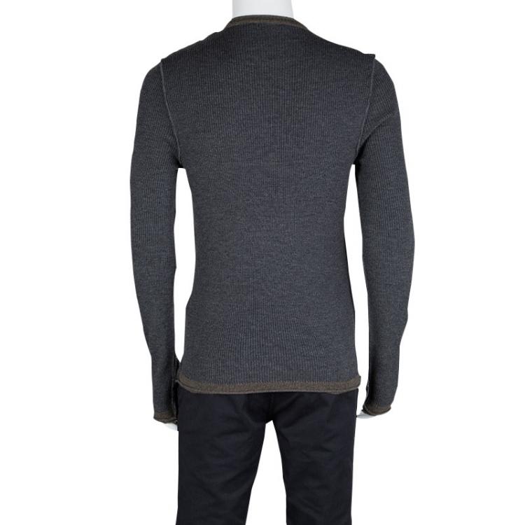 Pre Owned Dolce and Gabbana Grey Wool Contrast Trim Detail Ribbed Knit Sweater L