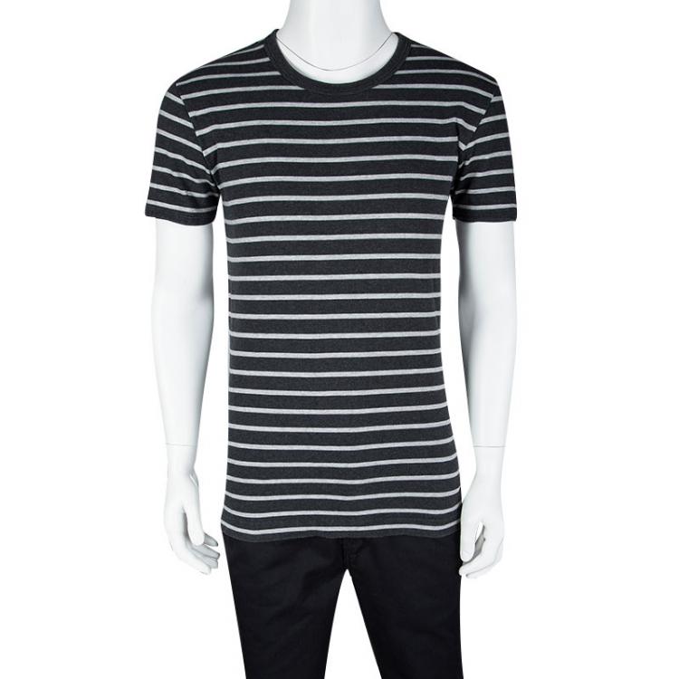 Pre Owned Dolce and Gabbana Grey Striped Cotton Short Sleeve T-Shirt M