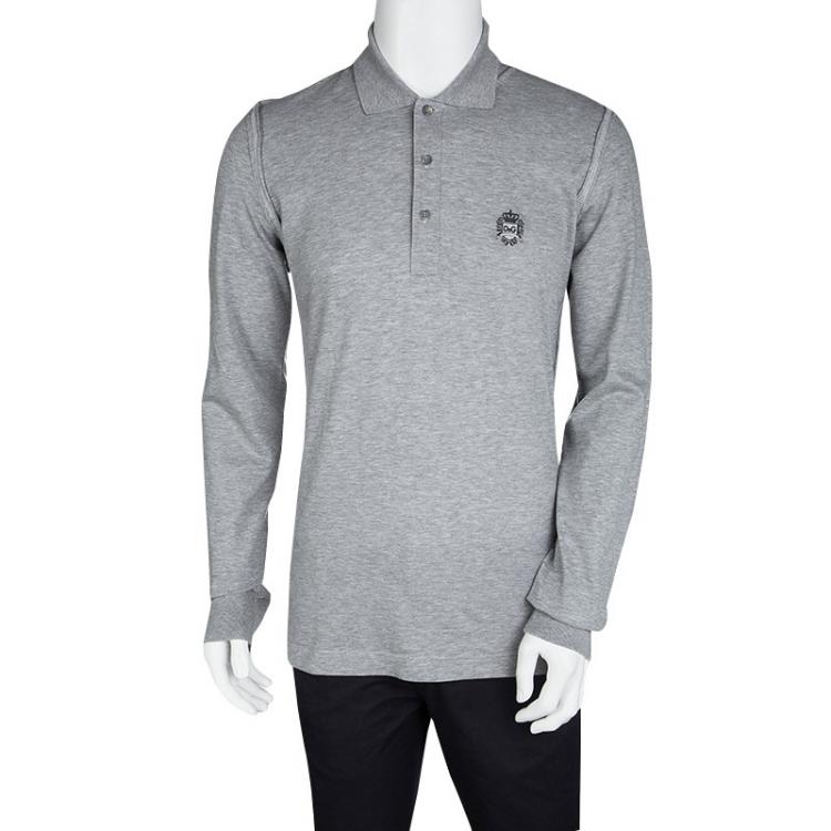 Pre Owned Dolce and Gabbana Grey Honeycomb Knit Long Sleeve Polo T-Shirt M