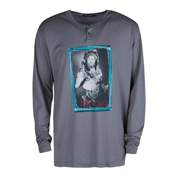 Pre Owned Dolce and Gabbana Grey Cotton Hercules Print Distressed Long Sleeve T-Shirt