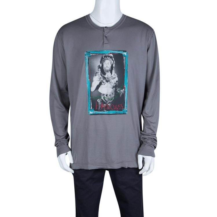 Pre Owned Dolce and Gabbana Grey Cotton Hercules Print Distressed Long Sleeve T-Shirt