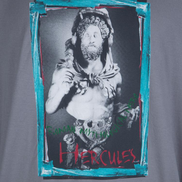 Pre Owned Dolce and Gabbana Grey Cotton Hercules Print Distressed Long Sleeve T-Shirt