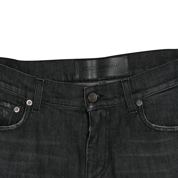 Pre Owned Dolce and Gabbana Dark Grey Faded Effect Denim Distressed Jeans M