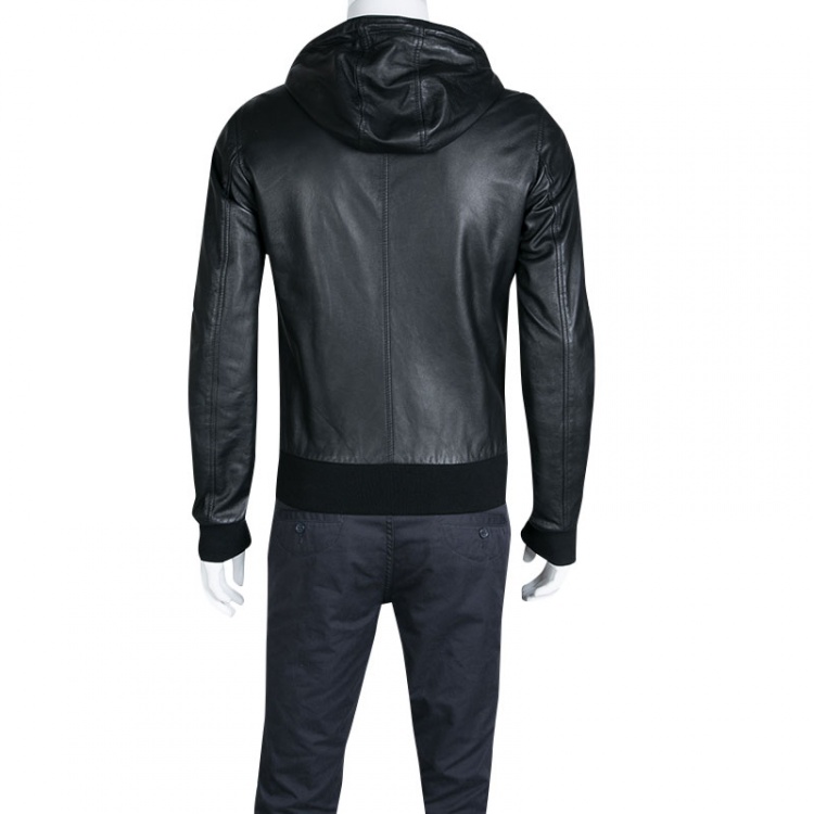 Pre Owned Dolce and Gabbana Black Lamb Leather Hooded Zip Front Bomber Jacket M