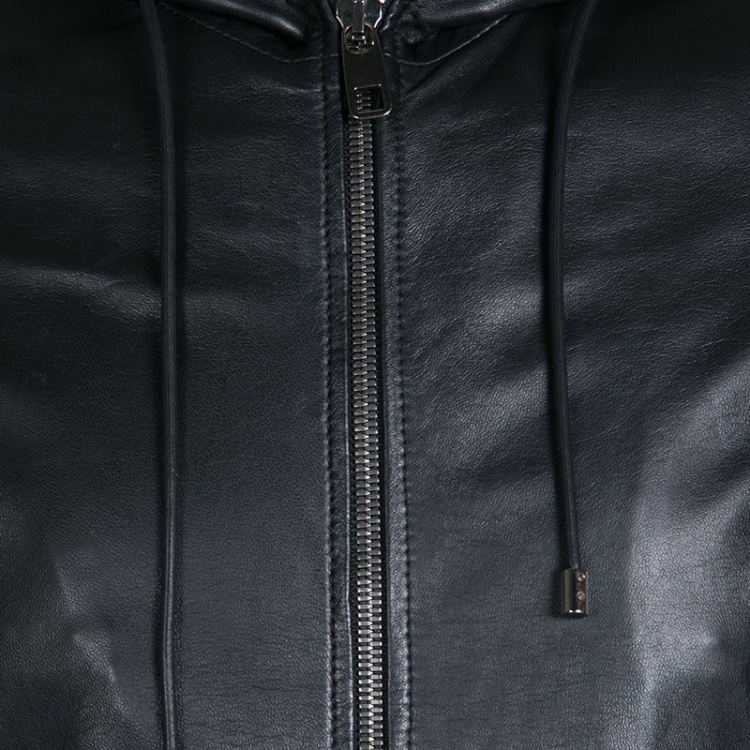 Pre Owned Dolce and Gabbana Black Lamb Leather Hooded Zip Front Bomber Jacket M