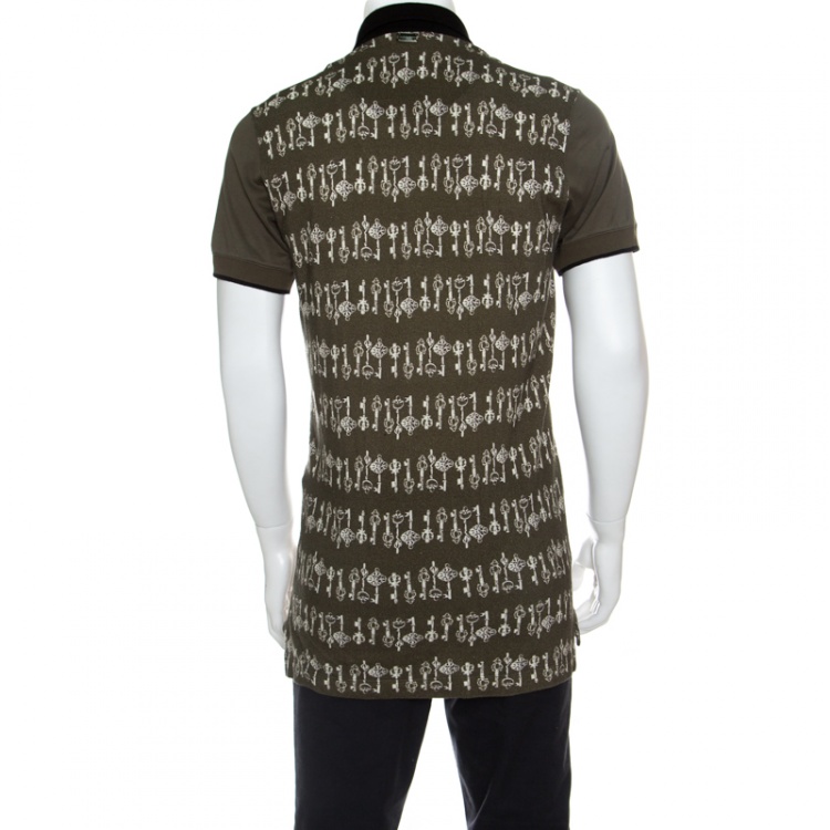 Pre Owned Dolce and Gabbana Green Medieval Key Printed Honeycomb Knit Polo T- Shirt XL