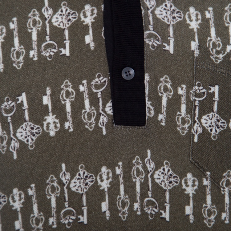 Pre Owned Dolce and Gabbana Green Medieval Key Printed Honeycomb Knit Polo T- Shirt XL