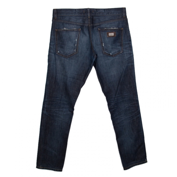 Pre Owned Dolce and Gabbana Indigo Dark Wash Faded Effect Distressed Denim Jeans M