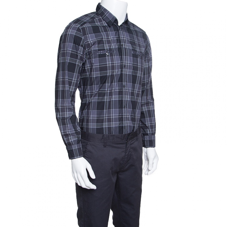 Pre Owned Dolce & Gabbana Gold Grey Checked Cotton Long Sleeve Button Front Shirt L