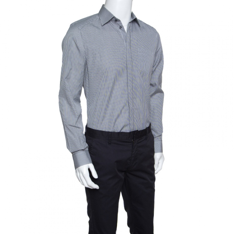 Pre Owned Dolce and Gabbana Gold Grey Gingham Checked Cotton Long Sleeve Shirt L