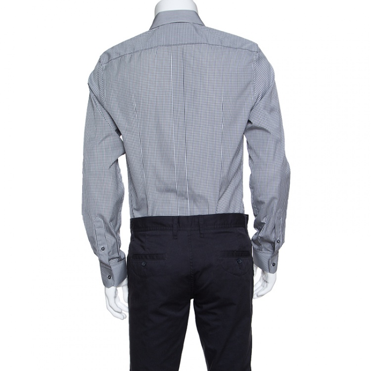 Pre Owned Dolce and Gabbana Gold Grey Gingham Checked Cotton Long Sleeve Shirt L