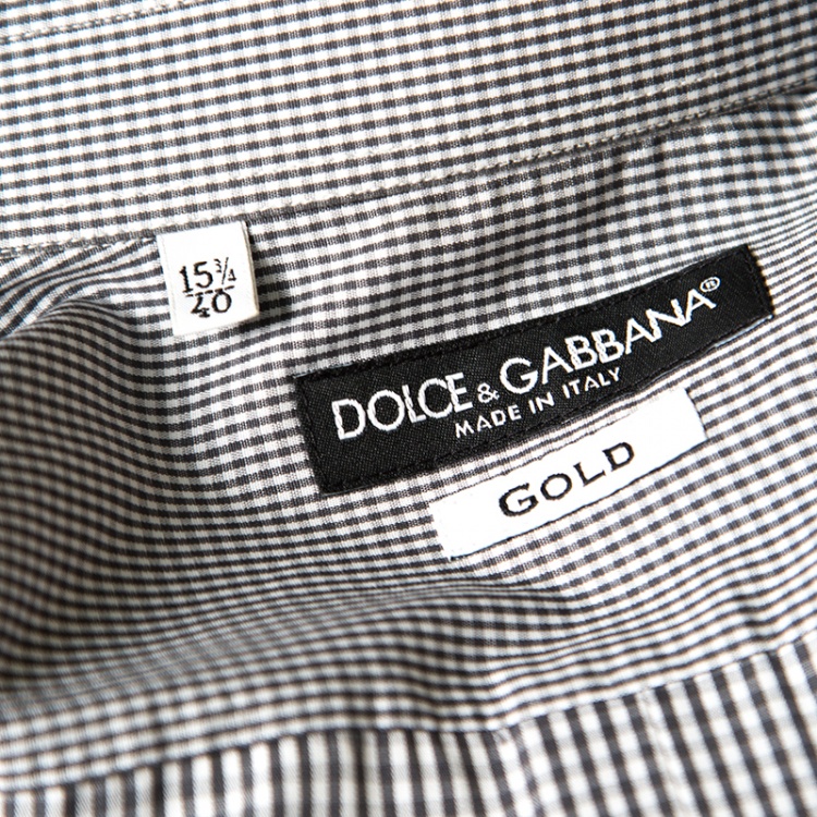 Pre Owned Dolce and Gabbana Gold Grey Gingham Checked Cotton Long Sleeve Shirt L