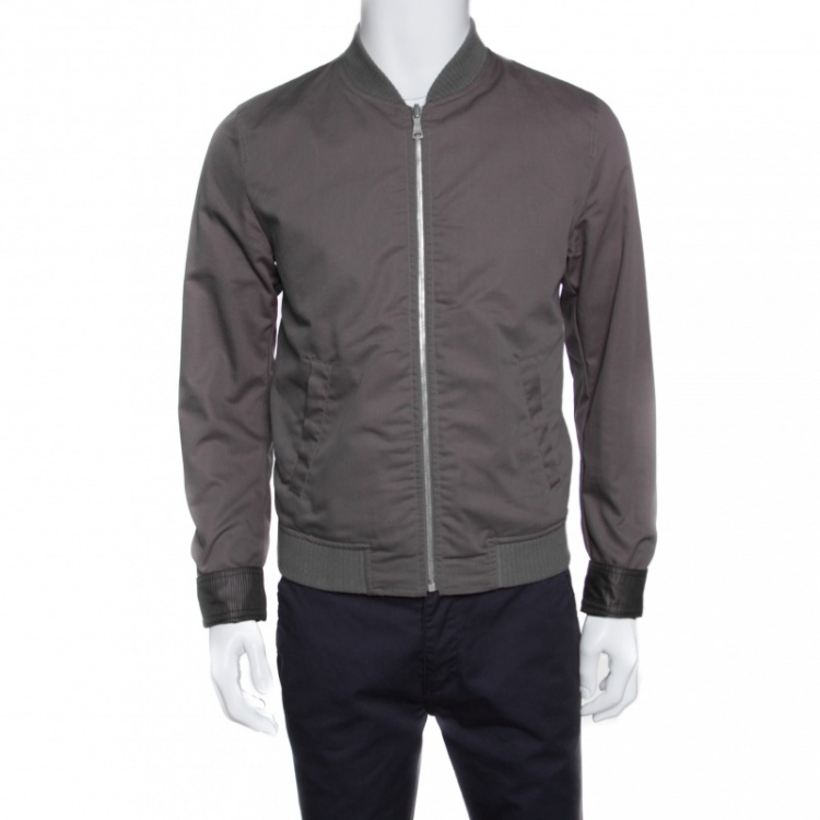 Pre Owned Dolce and Gabbana Grey Striped Rib Trim Reversible Bomber Jacket M