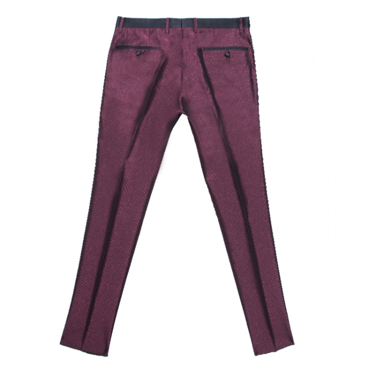 Pre Owned Dolce and Gabbana Burgundy Metallic Jacquard Satin Trim Tuxedo Trousers S