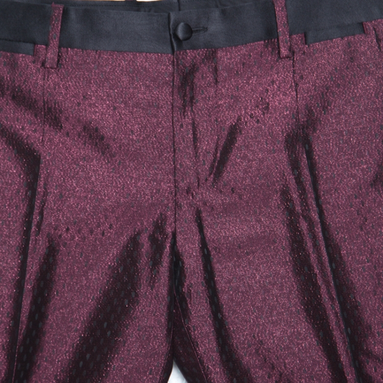Pre Owned Dolce and Gabbana Burgundy Metallic Jacquard Satin Trim Tuxedo Trousers S