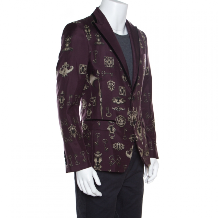 Pre Owned Dolce and Gabbana Burgundy Key and Axe Printed Silk Velvet Trim Jacket S
