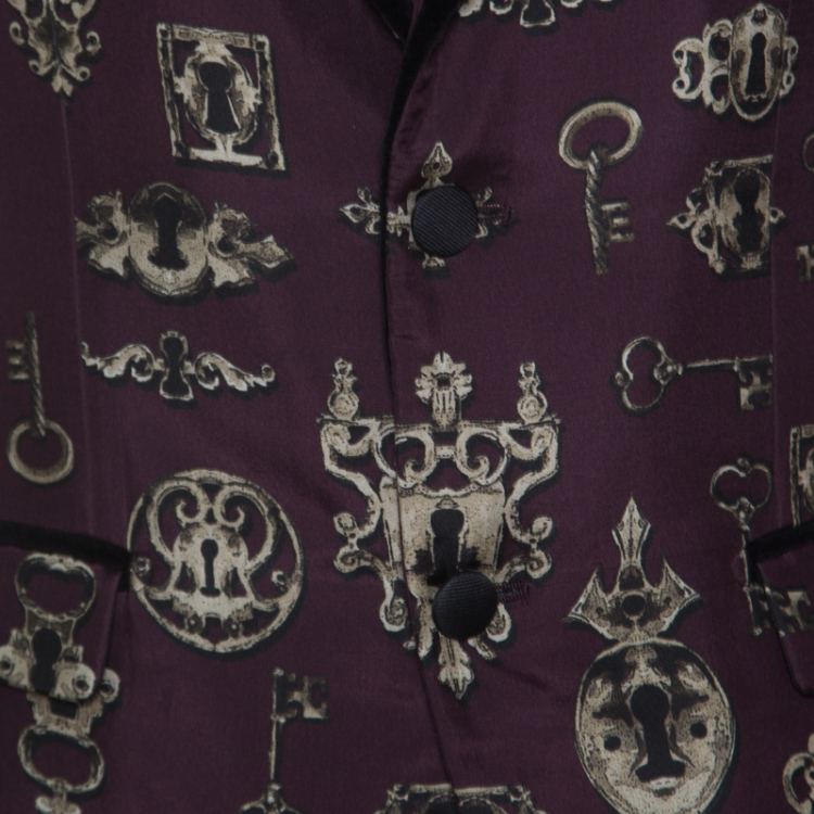 Pre Owned Dolce and Gabbana Burgundy Key and Axe Printed Silk Velvet Trim Jacket S