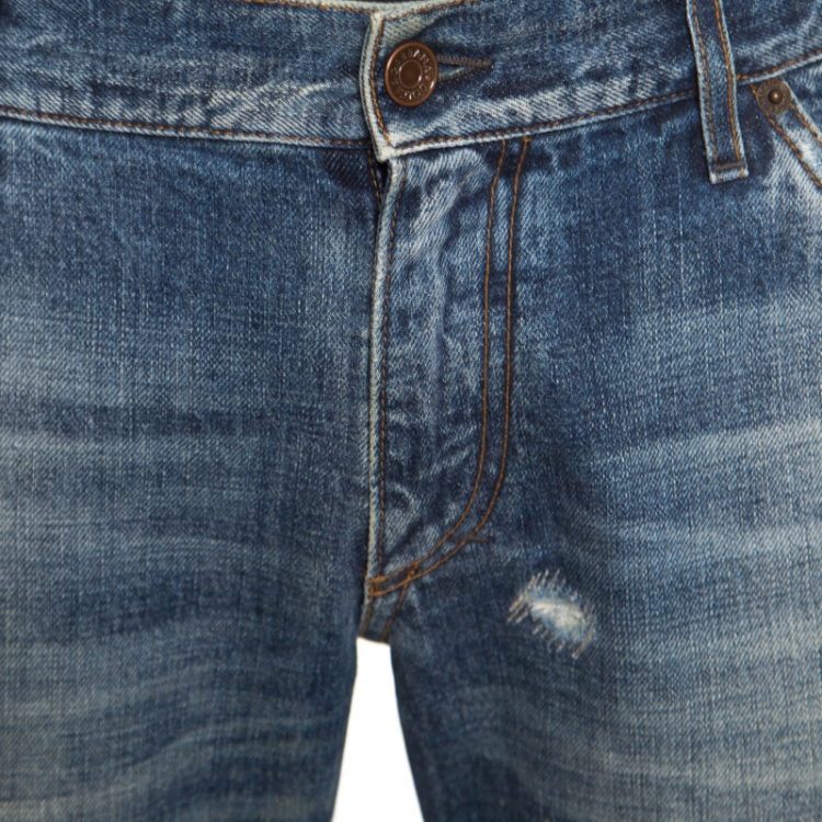 Pre Owned Dolce & Gabbana 14 Gold Indigo Light Wash Denim Distressed Straight Jeans M