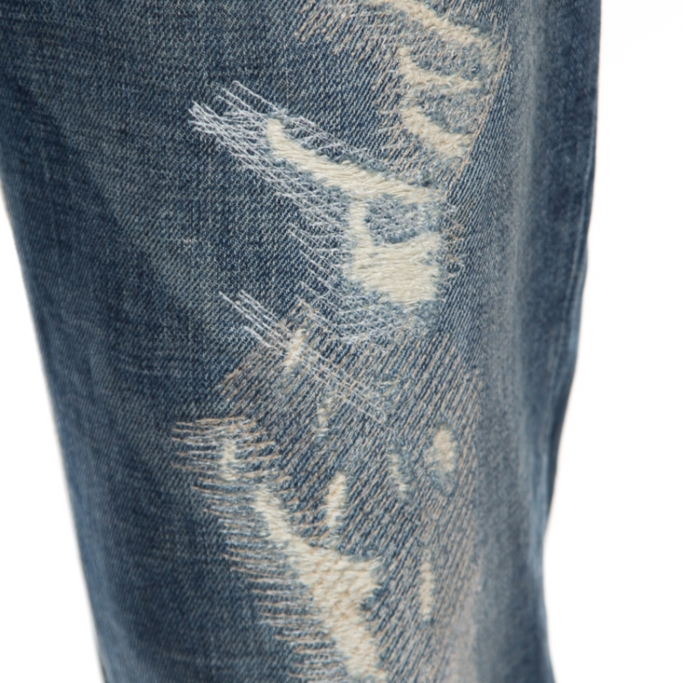 Pre Owned Dolce & Gabbana 14 Gold Indigo Light Wash Denim Distressed Straight Jeans M