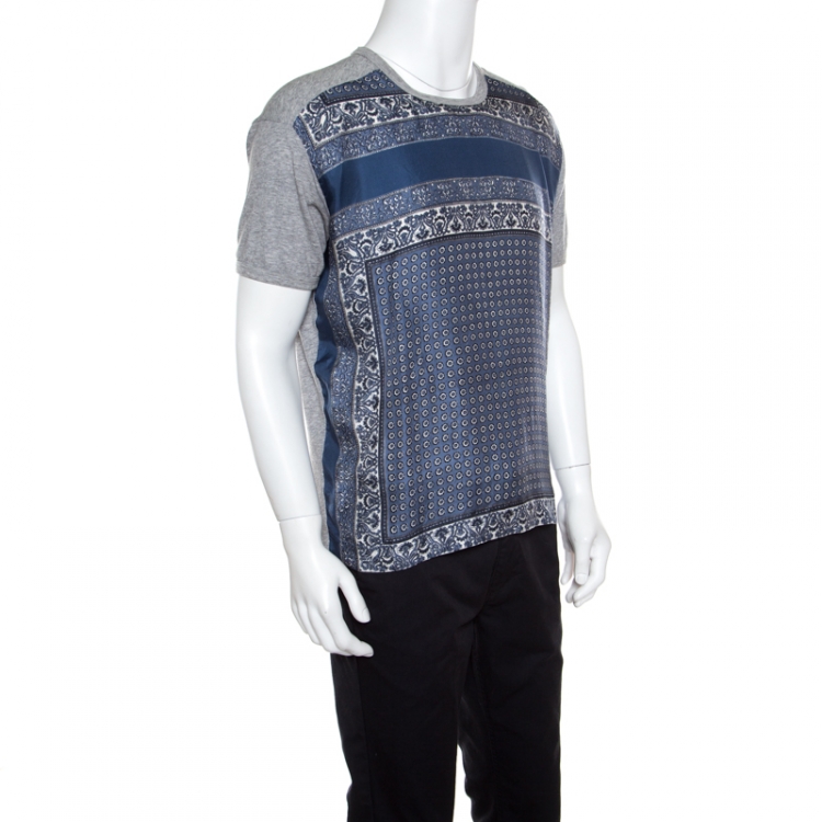 مملوكة مسبقًا Dolce and Gabbana Grey and Blue Paisley Printed Silk Detail T- Shirt L