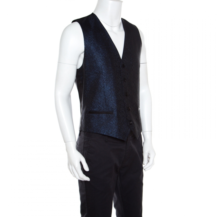 Pre Owned Dolce and Gabbana Navy Blue Metallic Jacquard Satin Trim Waistcoat L