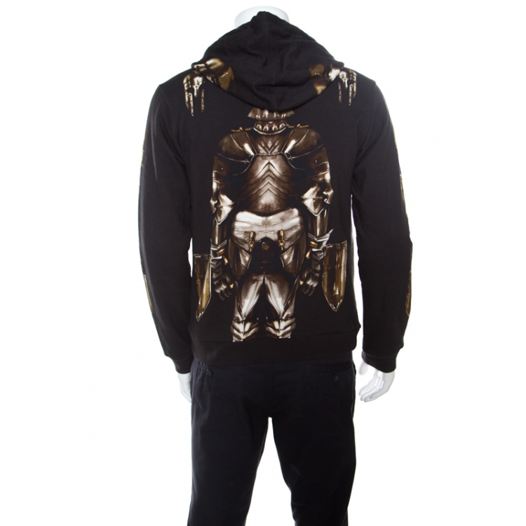Pre Owned Dolce and Gabbana Black Medieval Armor Print Zip Front Hooded Sweatshirt M