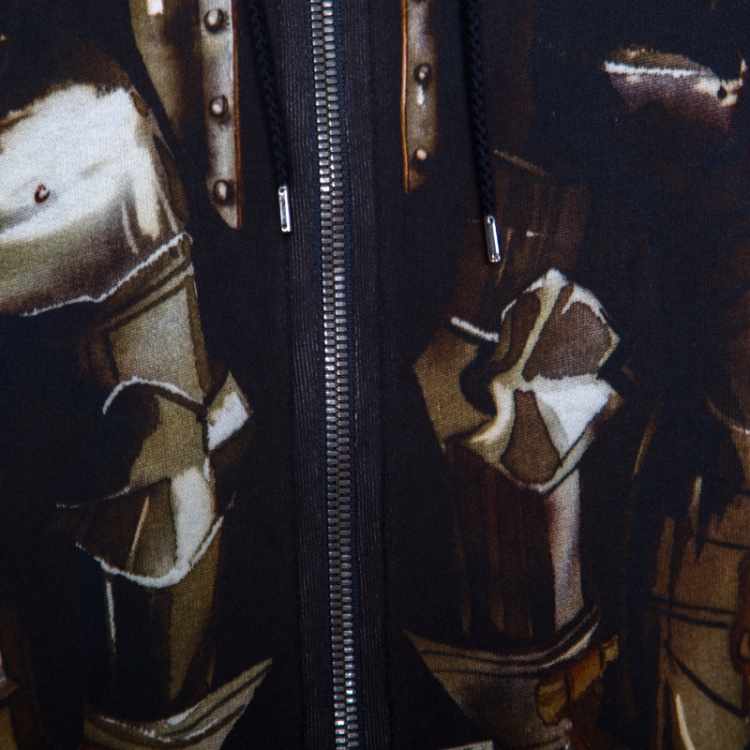 Pre Owned Dolce and Gabbana Black Medieval Armor Print Zip Front Hooded Sweatshirt M