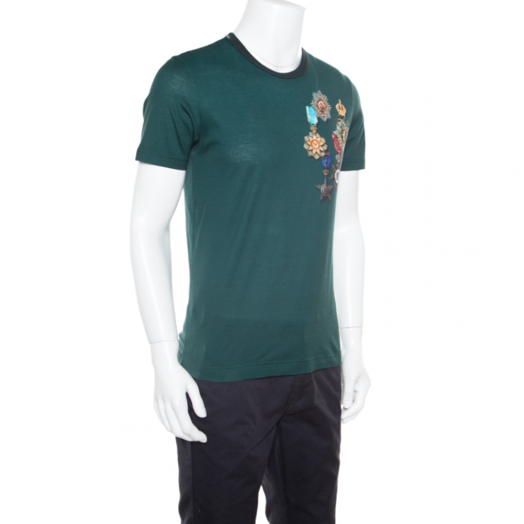 Pre Owned Dolce and Gabbana Green Medal Printed Cotton Short Sleeve T-Shirt M