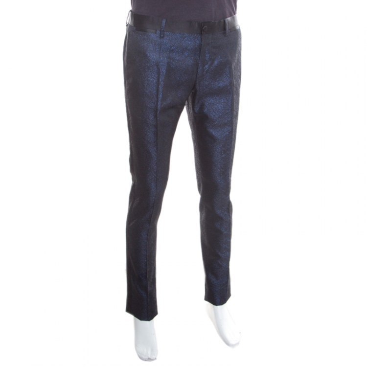 Pre Owned Dolce and Gabbana Navy Blue Metallic Jacquard Satin Trim Trousers M