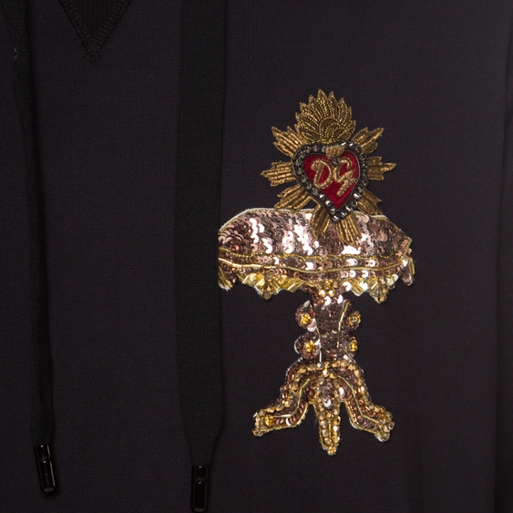 Pre Owned Dolce and Gabbana Navy Blue Logo Printed Cotton Embellished Hoodie XL