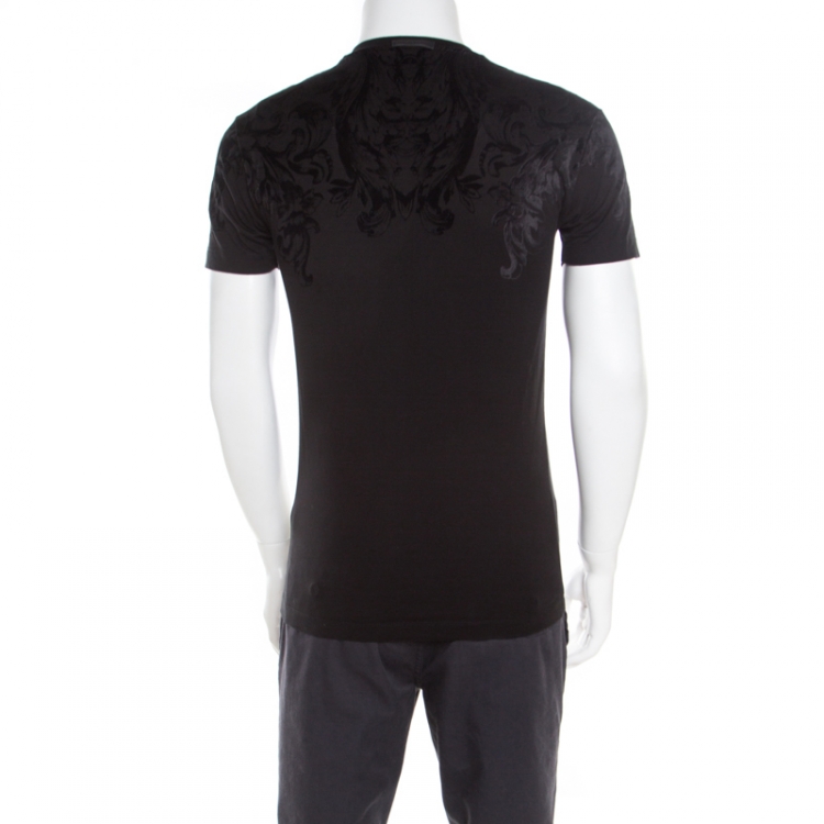 Pre Owned Dolce and Gabbana Floral Tonal Velvet Embossed Cotton Crew Neck T-Shirt S