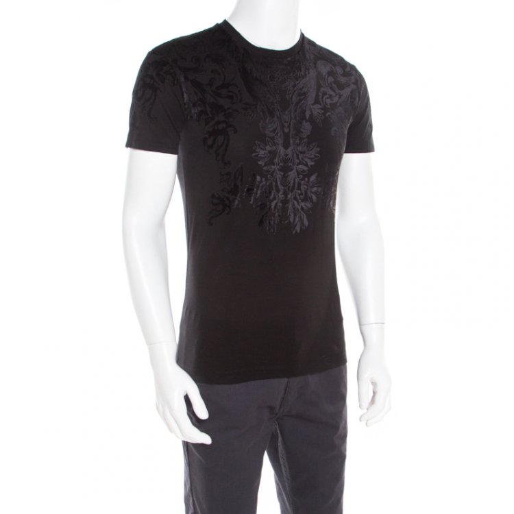 Pre Owned Dolce and Gabbana Floral Tonal Velvet Embossed Cotton Crew Neck T-Shirt S